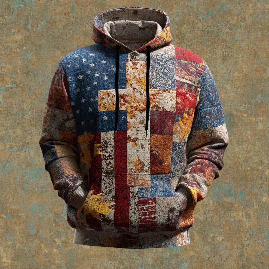 Men's Vintage Casual American Flag Cross Hoodie Patriotic Shirt
