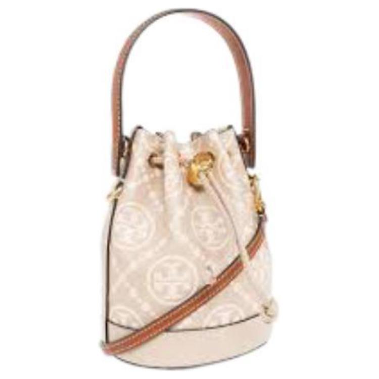 Tory Burch T Monogram 21 Drawstring Closure Detachable Shoulder Strap Leather Bucket Bag Women bags Longan-Brown Cream-White 146294-020