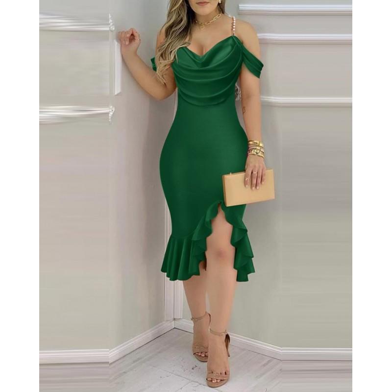 Elegant Pearl Chain Trimmed Fake Two-Piece Surplice Neckline Midi Dress With Ruffles Off-Shoulder Detail