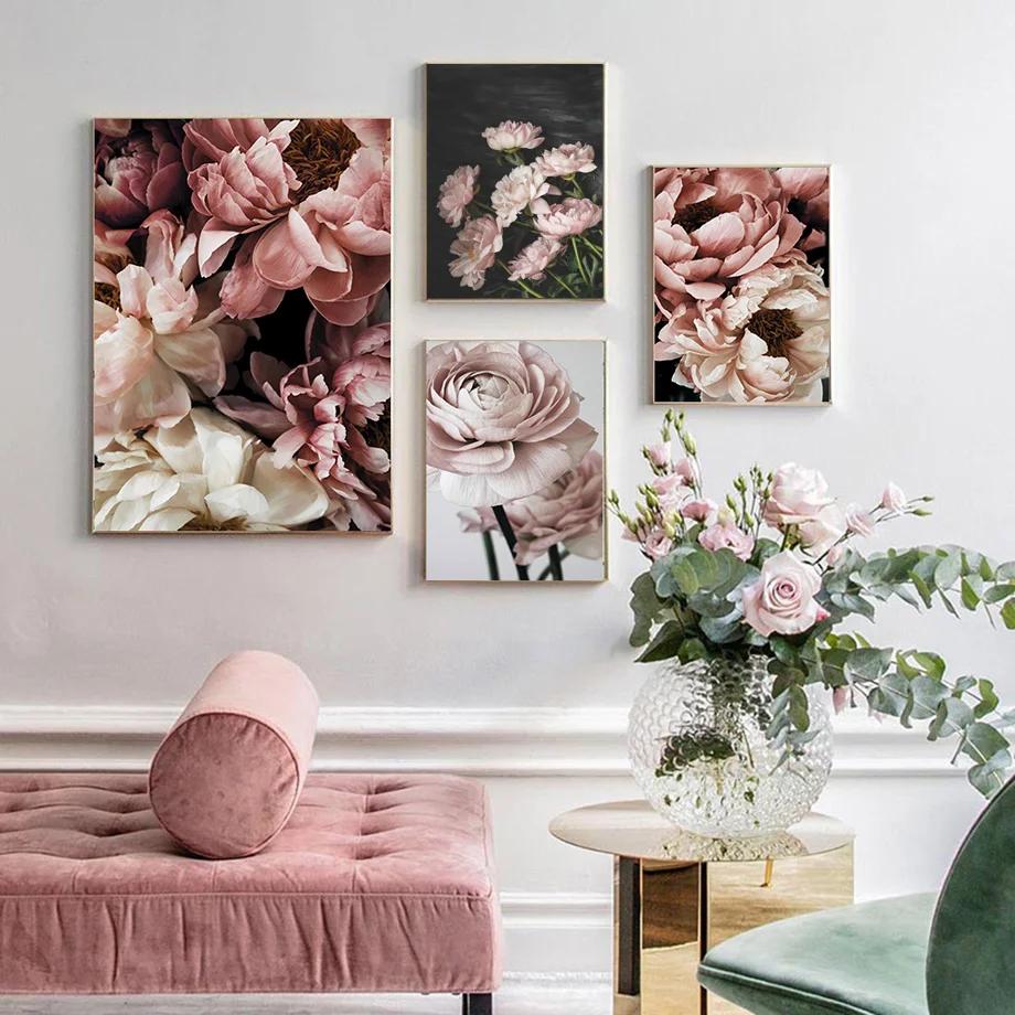 Natural Wall Art Canvas Painting Pink Rose Flowers Plant Landscape Posters And Prints Wall Pictures For Living Room Home Decor