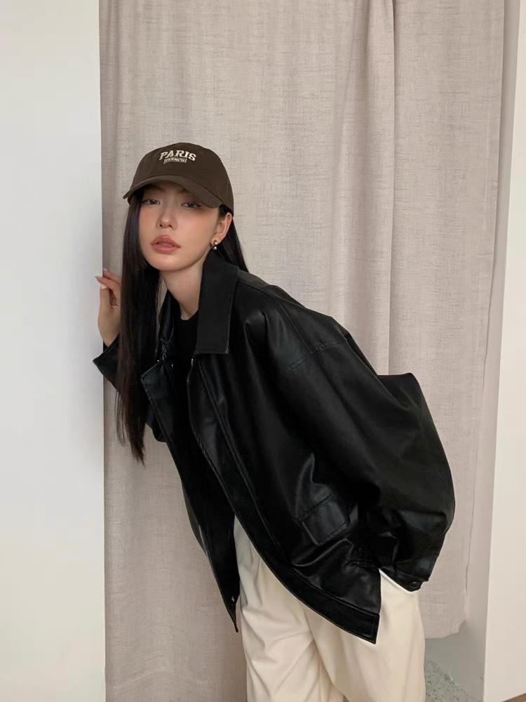 Veste de moto rétro américaine en cuir marron pour femme, style coréen d'automne, coupe droite noire