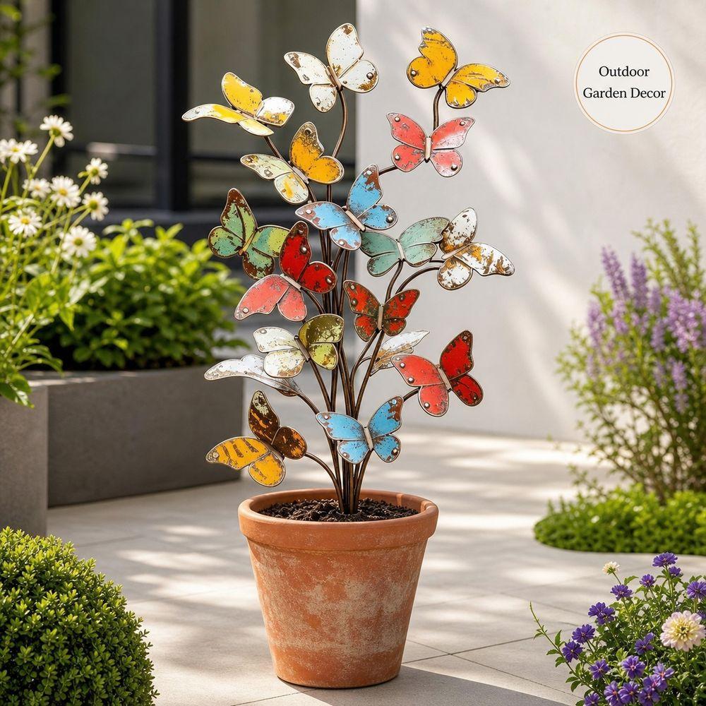 2D Flat Butterfly Yard Stake Decorative Butterfly Plant Stake Metal Garden Stake  Lawn Decoration