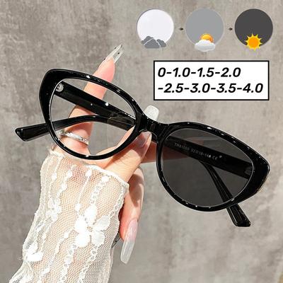 Kadınlar için Kedi Gözü Fotokromik Gözlükler Unisex Moda Renk Bozulması Miyopi Gözlükleri Erkek Kadın Yakın Görüş Gözlükleri 0-1.0-4.0
