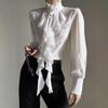 Elegant Women Stand Collar Ruffle Shirt Ribbon Long Sleeve Blouse Vintage Lace Sweet Solid Color Fashion Loose Tops