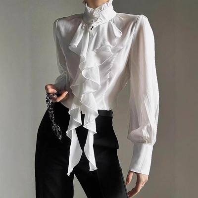 Elegant Women Stand Collar Ruffle Shirt Ribbon Long Sleeve Blouse Vintage Lace Sweet Solid Color Fashion Loose Tops