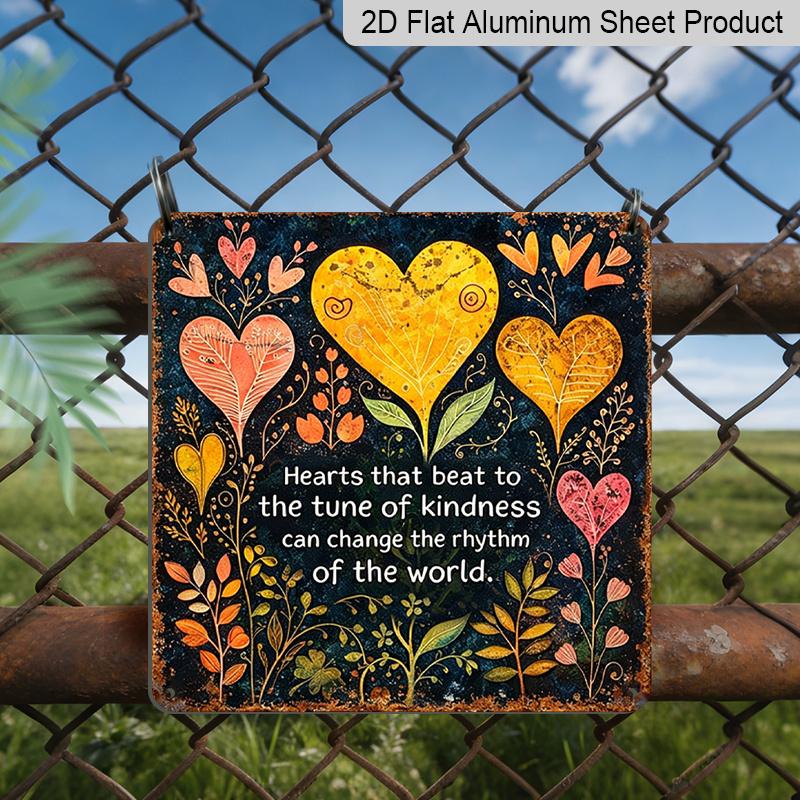 2D Flat, 1pc Vintage Hearts Beat To Kindness Metal Sign - Retro Wall Plaque with Kindness Quote, Hearts Suitable for Outdoor Decoration - Warm 20*20cm