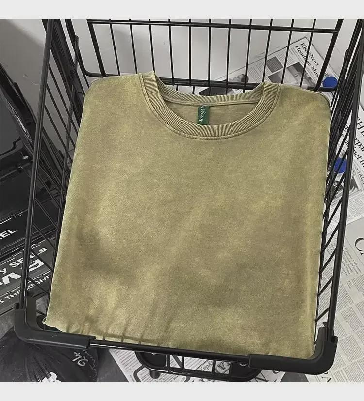 T-shirt pour homme en coton lourd délavé et vieilli, ample style Hong Kong, manches courtes cinq points, marque tendance d'été.