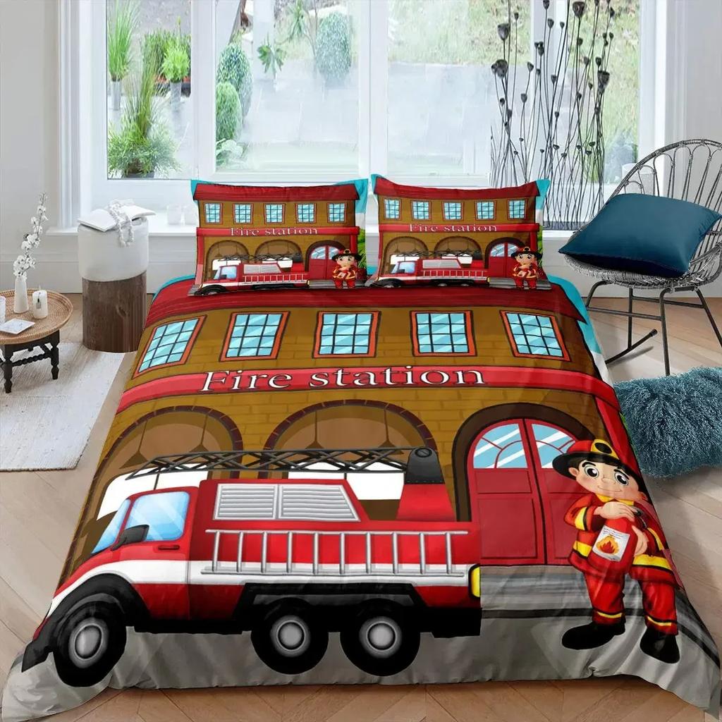 Camion dei Pompieri Rosso Auto dei Pompieri Copripiumino Confortevole Copricuscino Set Biancheria da Letto Decorazione Camera da Letto Bambini Tessile per la Casa