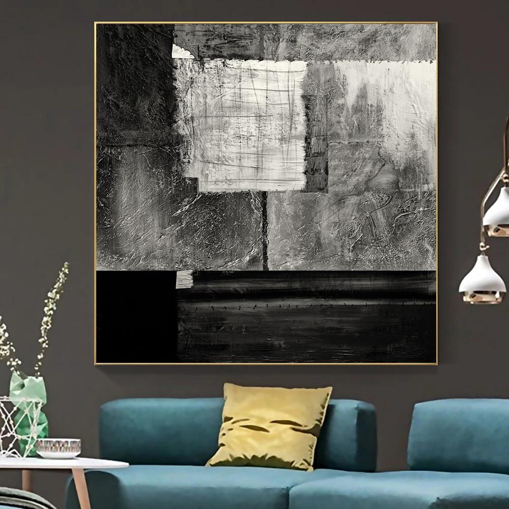Abstract Black Grey Oil Painting Printed On Canvas Color Block Posters and Prints for Living Room Office Wall Decor No Frame