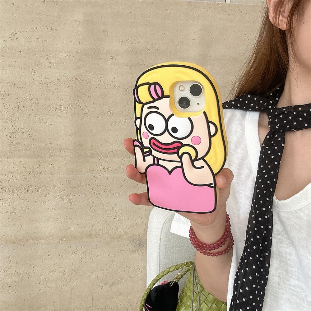 For iPhone 15 Silicone Case Cute Makeup Girl Design Shockproof Phone Back Cover