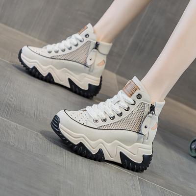 Mesh High-top Dad Shoes Summer New Leather Thick-soled Small Hollow Breathable Casual Shoes