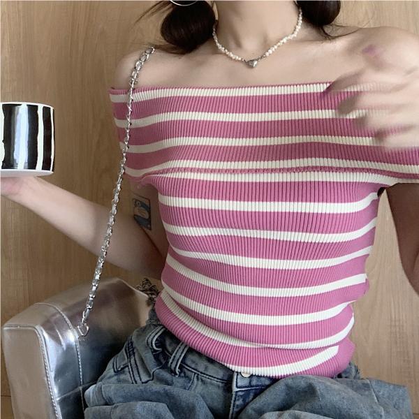 Striped Off Shoulder Sweater For Women With Slim Fit Short Sleeve Knit Top