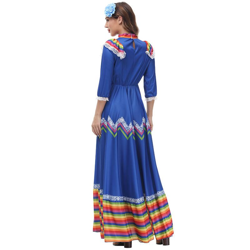 Adult Women National Mexican Ethnic Dance Maxi Long Dress Headwear Halloween Cosplay Costumes Role Play Outfit