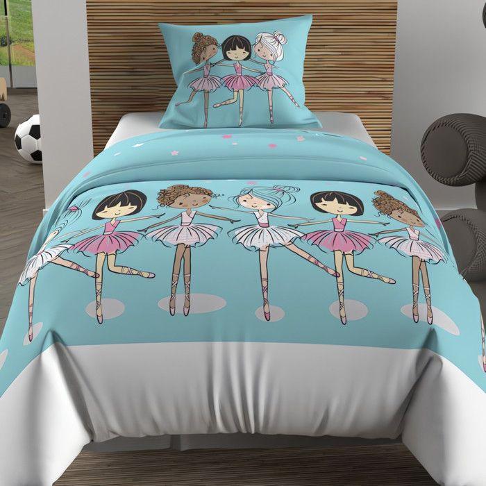 Parure housse de couette 140x200 cm DANSEUSES bleu, 100% coton 57 fils/cm2,