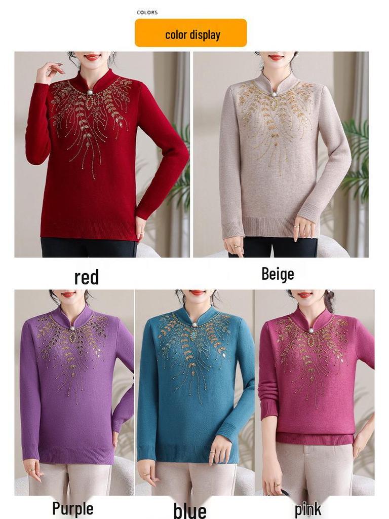Elegant Red Knitted Pullover: Warm, Fashionable Sweater for Middle-aged and Elderly Women