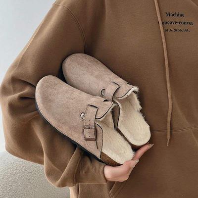 2025 New Cowhide Thick-soled Birkenstock Autumn and Winter Velvet Cotton Mop Fluffy Birkenstock Shoes Bag Head Soft Sole Women's Outer Wear