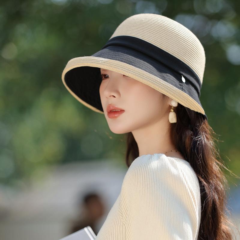 Spring and Summer New Hat Women's Light Luxury High-end Sense Lafite Straw Hat Upturned Edge Sun Protection Bucket Hat Travel Vacation Sun Hat