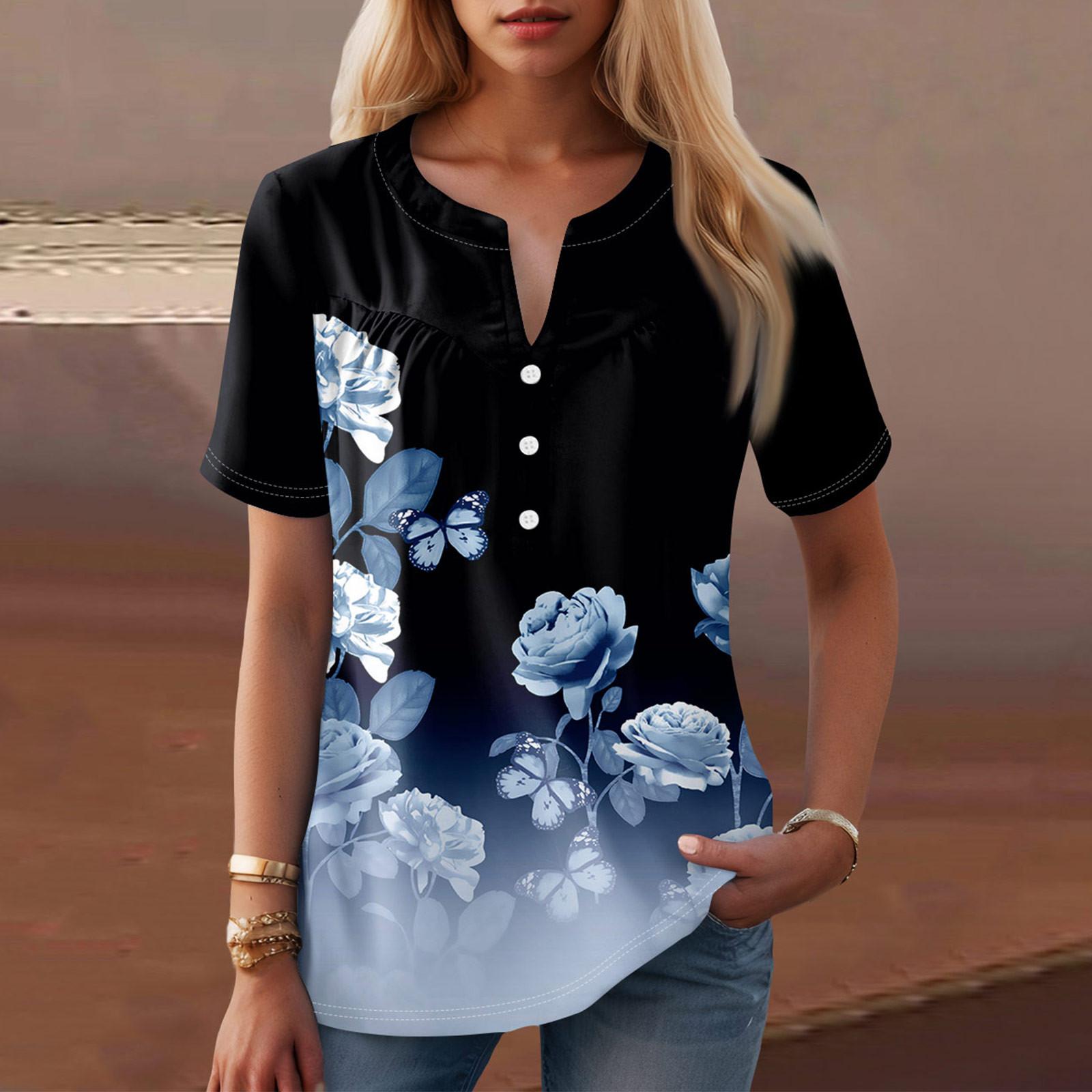 

Женская повседневная футболка с v-образным вырезом и коротким рукавом с цветочным принтом и декоративными пуговицами, топ XXL