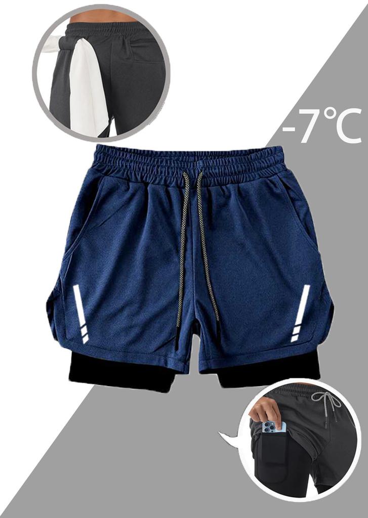 Men 2 In 1 Printed Quick Dry Sports Shorts Gym Workout Outdoor Shorts With Towel Hanging