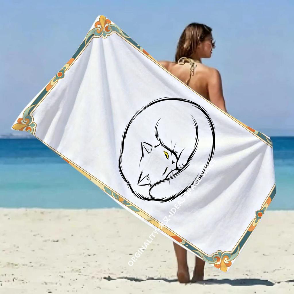Minimalist Line Art Cat Beach Towel Patterned Sunscreen And Windproof Suitable For Swimming Pool Camping Travel Blanket