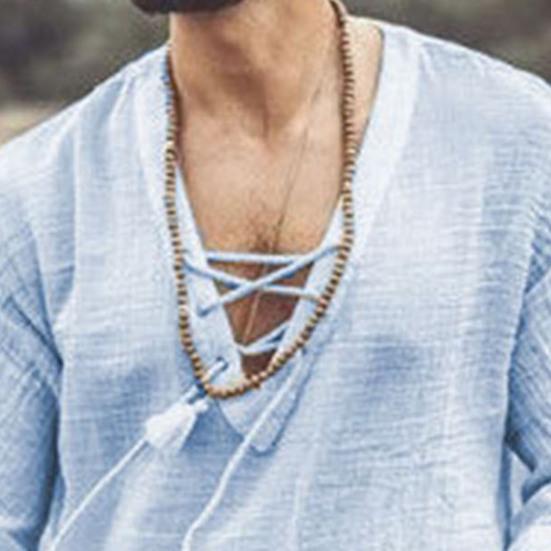 Camicia Casual da Uomo in Cotone e Lino a Manica Corta con Scollo a V e Laccio T-shirt Bohemian Vintage Top Estivo da Spiaggia