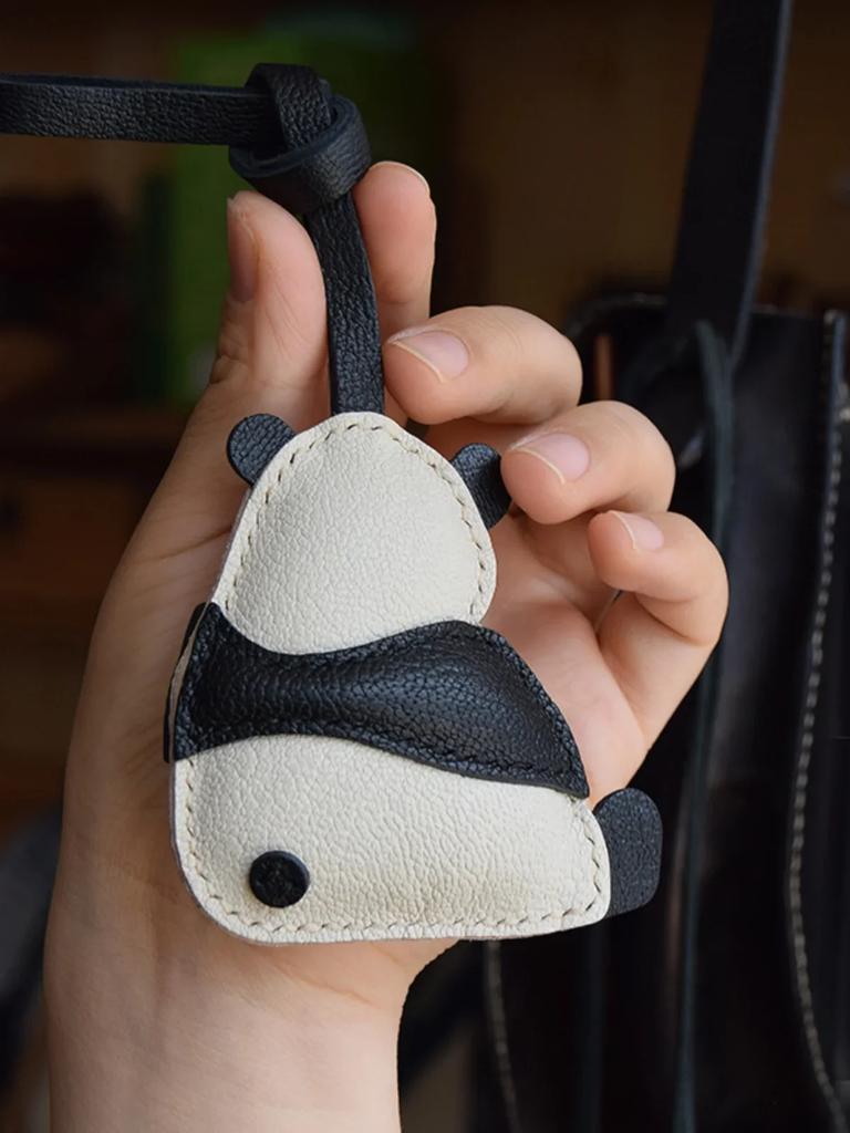 Handmade Leather Cute Panda Hand-sewn Leather Car Keychain Bag Ornament Keyring  Christmas and New Year Gifts