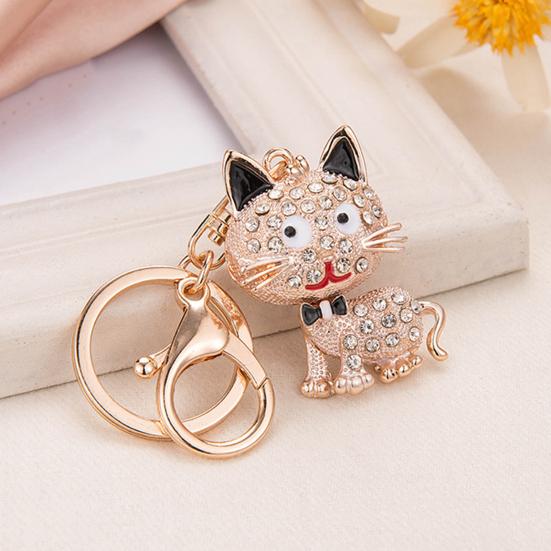 Keychain Pendant 3D Cartoon Cat Design Sparkling Rhinestones Inlaid Key Chain with Lobster Clasp Key Ring Bags Accessories
