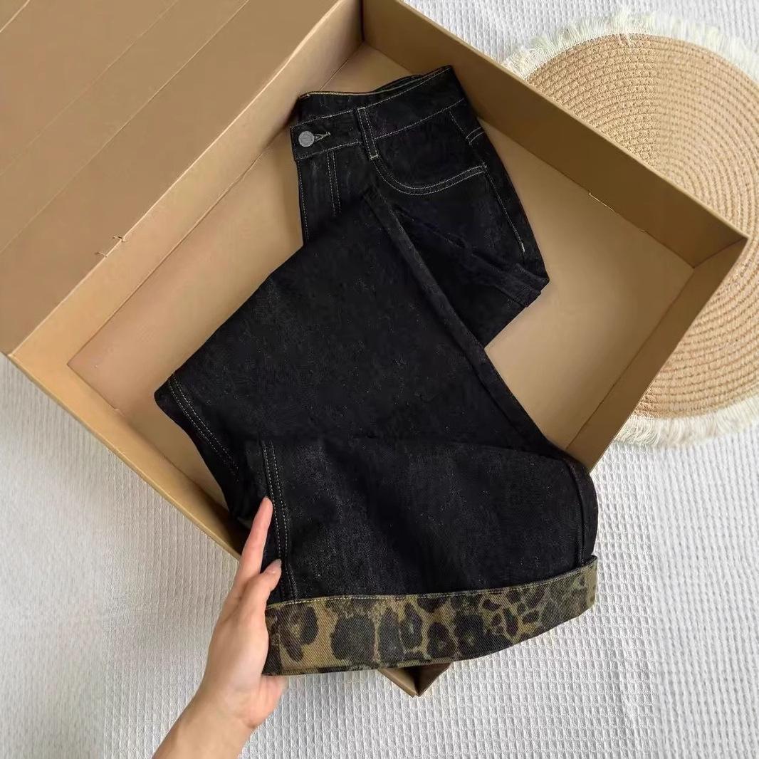 

Women s American Retro Leopard Patchwork Fleece Lined Black Wide-Leg Jeans - High Waist, Slimming, Loose Straight Leg for Autumn/Winter. S