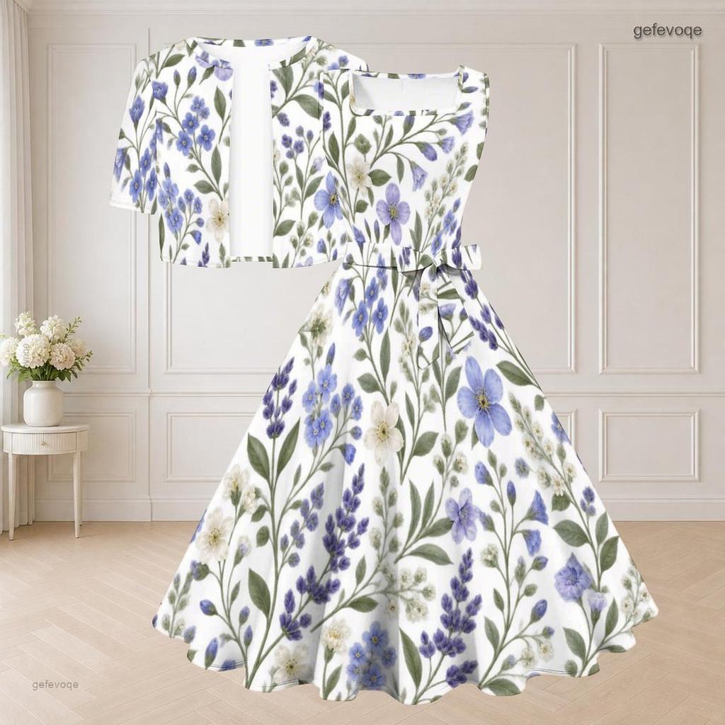 Women Plus Size White Floral Printed Two Piece Set Square Neck Sleeveless Tie Waist Flared Dress Short Sleeve Cropped Shrug