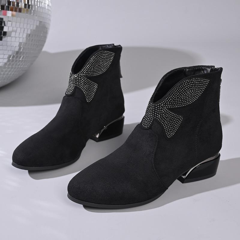 New Autumn and Winter Booties Round Toe Suede Zipper Rhinestone Bow Fashion Temperament Block Heel Women's Shoes