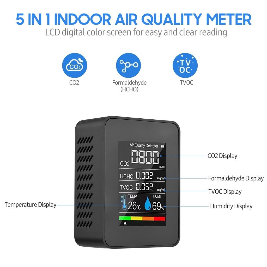 LCD Digital Color Screen CO2 Detector 5 in 1 Formaldehyde TVOC Tester Portable Multifunction Indoor Air Quality Monitor