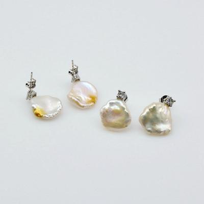 Pearl Earrings White Natural Pearl Silver Stud Earrings Irregular Shape Baroque Pearl Zirconia Women Flat Stud Earrings