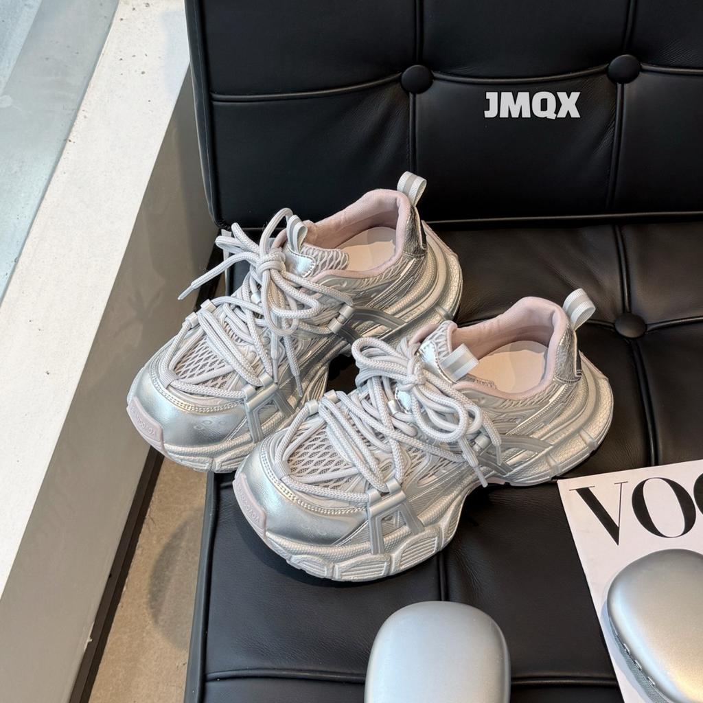 Leather Platform Dad Shoes Women's Spring New Mesh Breathable Heightening Soft Sole Lightweight Sports and Leisure Shoes