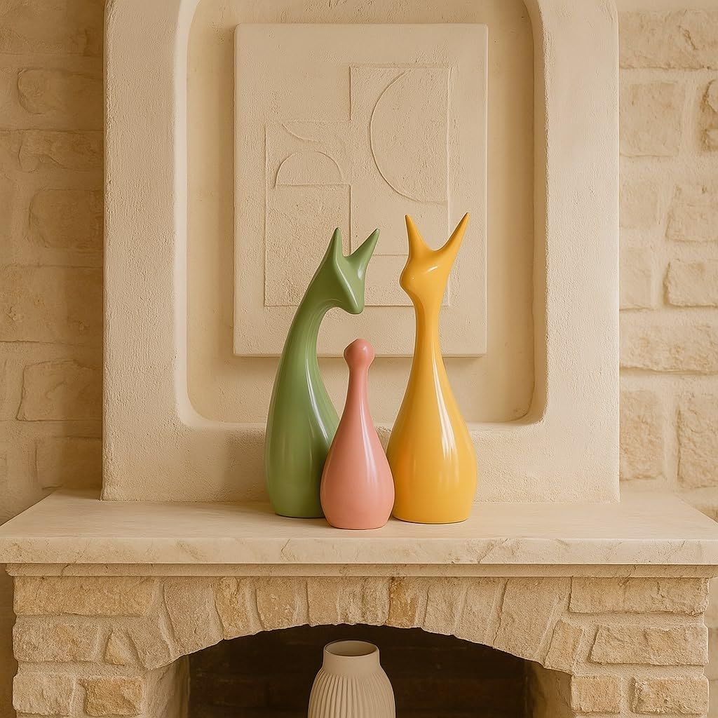 Home Décor Lucky Deer Family Set | Piano Finish Ceramic Figures - (Set of 3 Yellow, Pink, LightGreen)