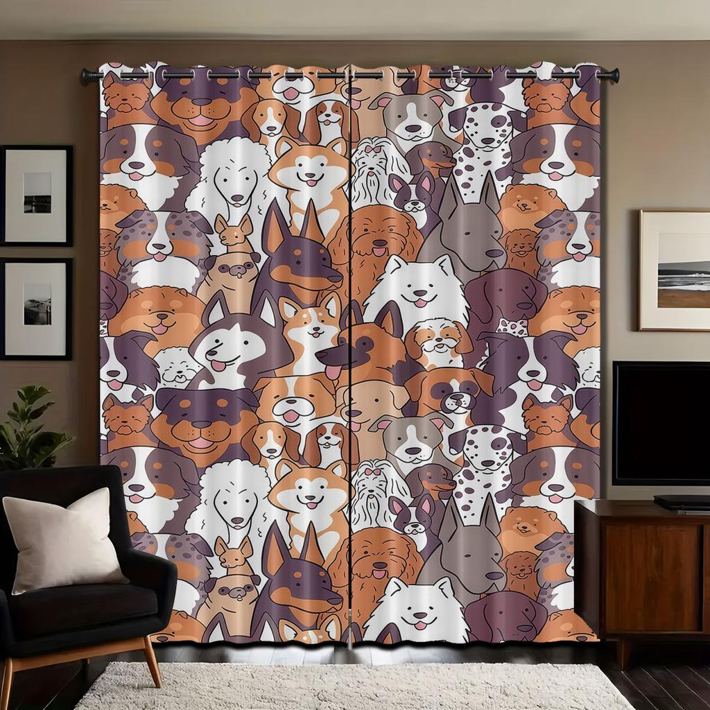 Set Of 2 Cartoon Colored Puppy Park Printed Perforated Curtains Various Sizes Living Room Bedroom Insulation Decoration Light Blocking Made Polyester