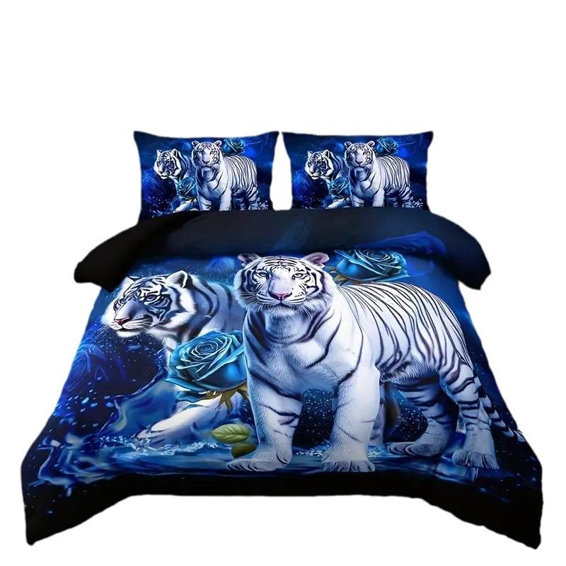 Blue Rose White Tiger High Definition Printed Duvet Set Three-piece Set Soft and Comfortable Bedding