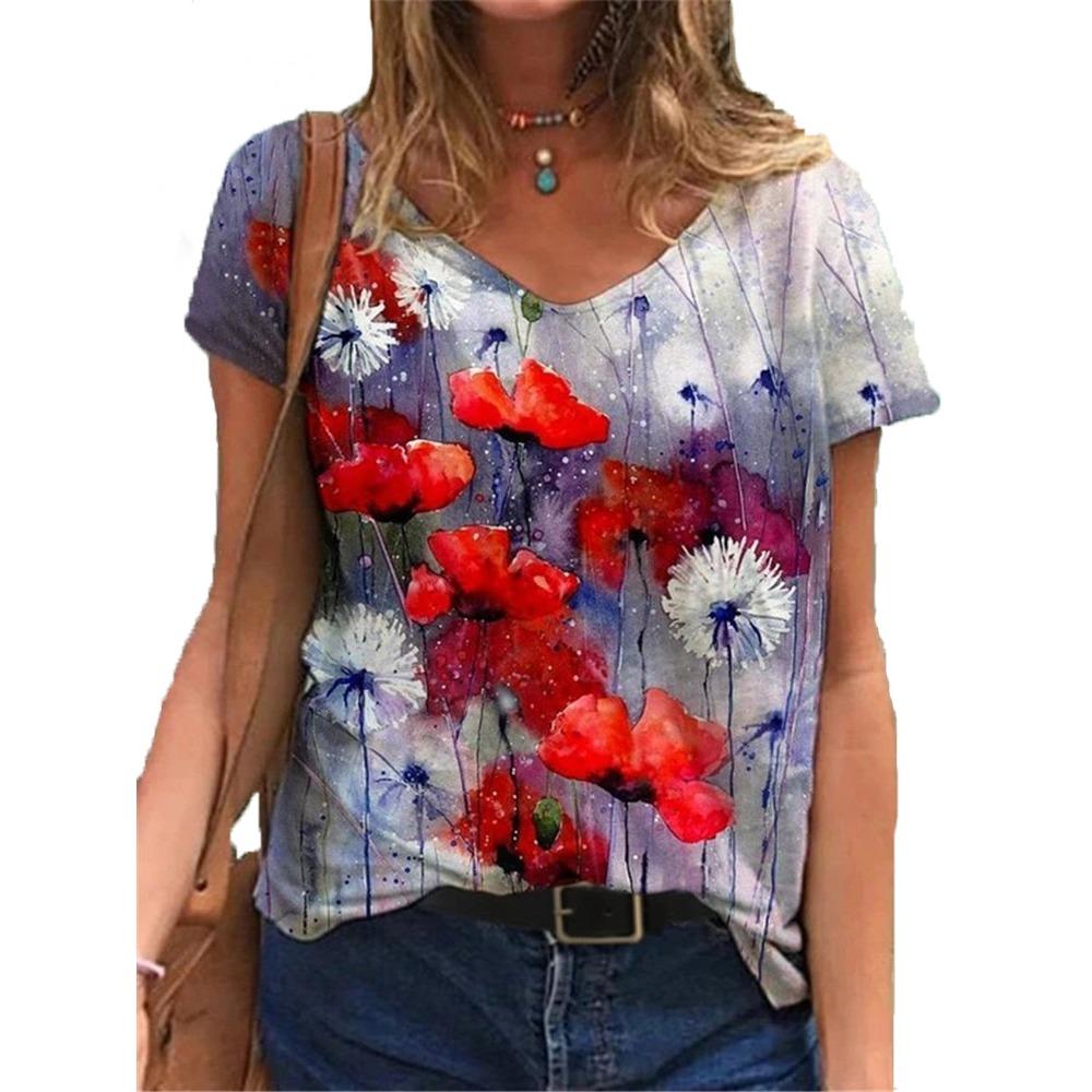Summer Flower T-Shirts Floral 3D Print Women V-Neck Short Sleeve T Shirt Y2k Harajuku Oversized Tees Tops Female Street Clothing