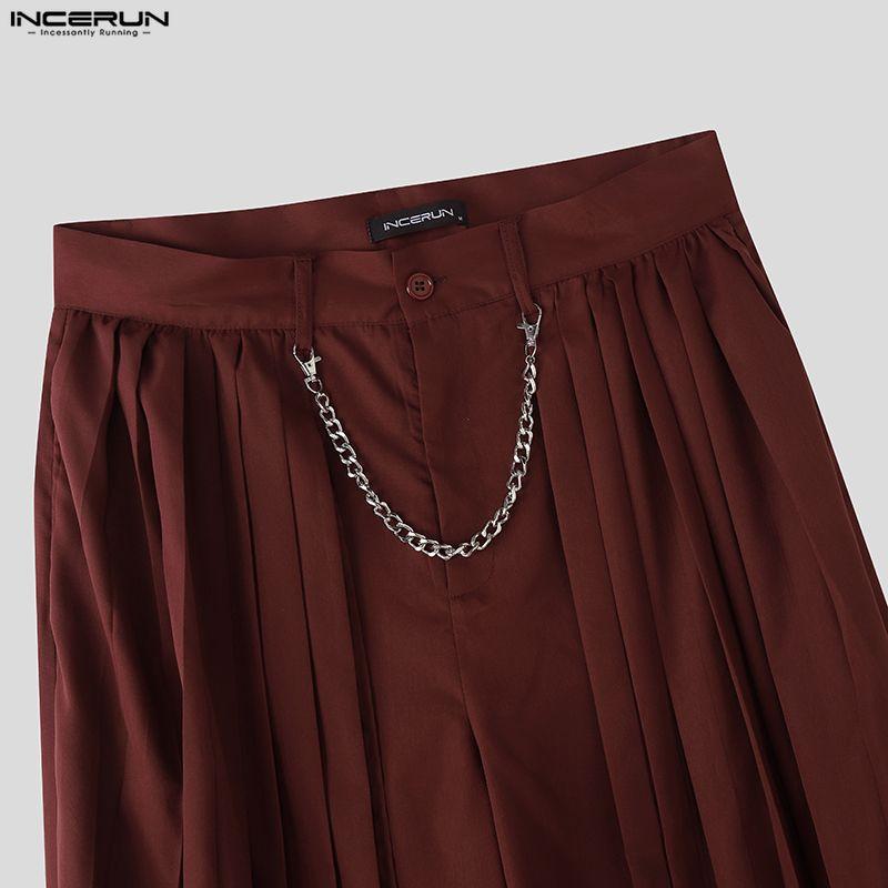 INCERUN Men Zip-up Waist Front Layers Solid Casual Long Pleated Pants Trousers