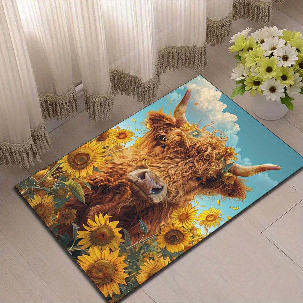 Large Highland Cattle & Sunflowers Printed Area Rug – Durable, Non-Slip Decorative Carpet for Bedroom, Kitchen, or Living Room,
