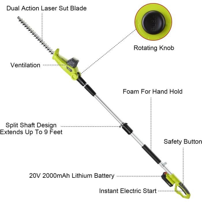 Taille-haies - dewinner - téléscopique - 2 batteries 20v - hauteur 2,40 m - électrique sans fil