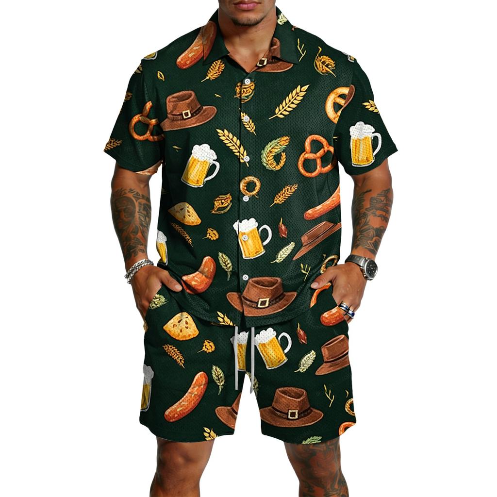 Conjunto Casual de Top Ligero Transpirable Estampado para Hombre y Shorts con Cordón