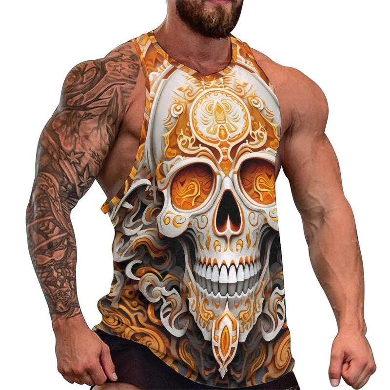 Summer Round Neck 3D Fashion Skull Printed Top Fashionable Casual Hip-hop Sleeveless Vest Men's T-shirts