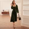 European and American Women's Clothing 2026 Autumn and Winter New French Retro Slim Square Collar A-shaped Skirt Long-sleeved Velvet Dress