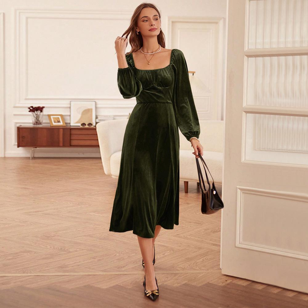 European and American Women's Clothing 2026 Autumn and Winter New French Retro Slim Square Collar A-shaped Skirt Long-sleeved Velvet Dress