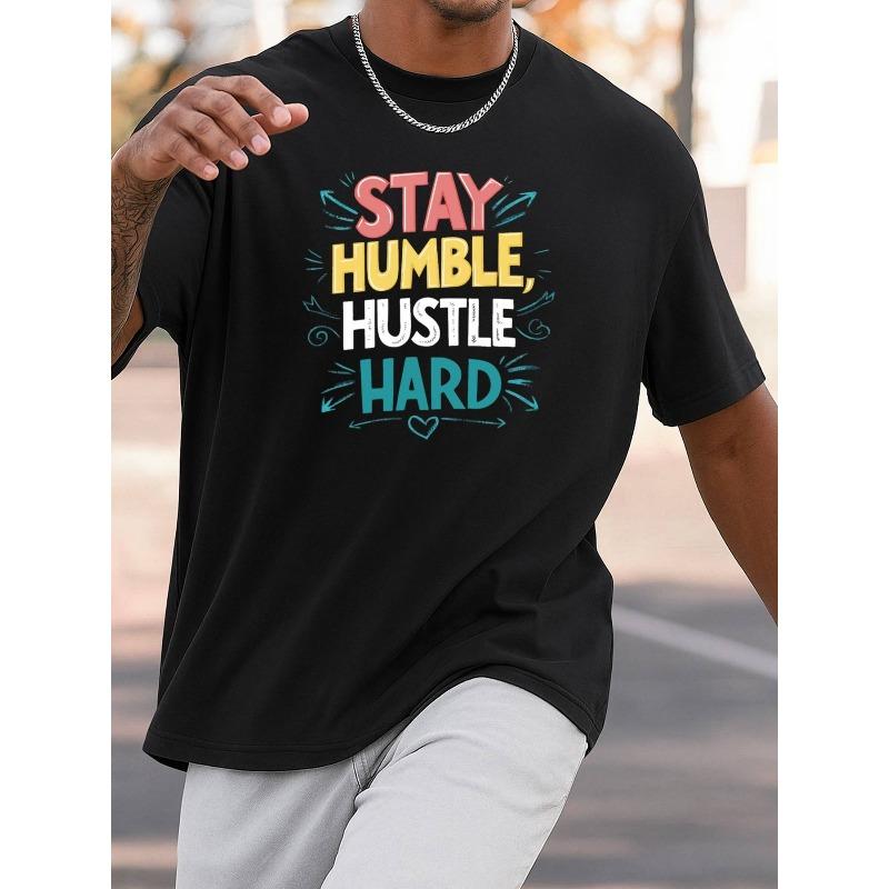 

European sizes Men s Funny Stay Humble Hustle Hard Motivational T-Shirt - Black Short Sleeve Crew Neck Casual Gym 4XL чорний