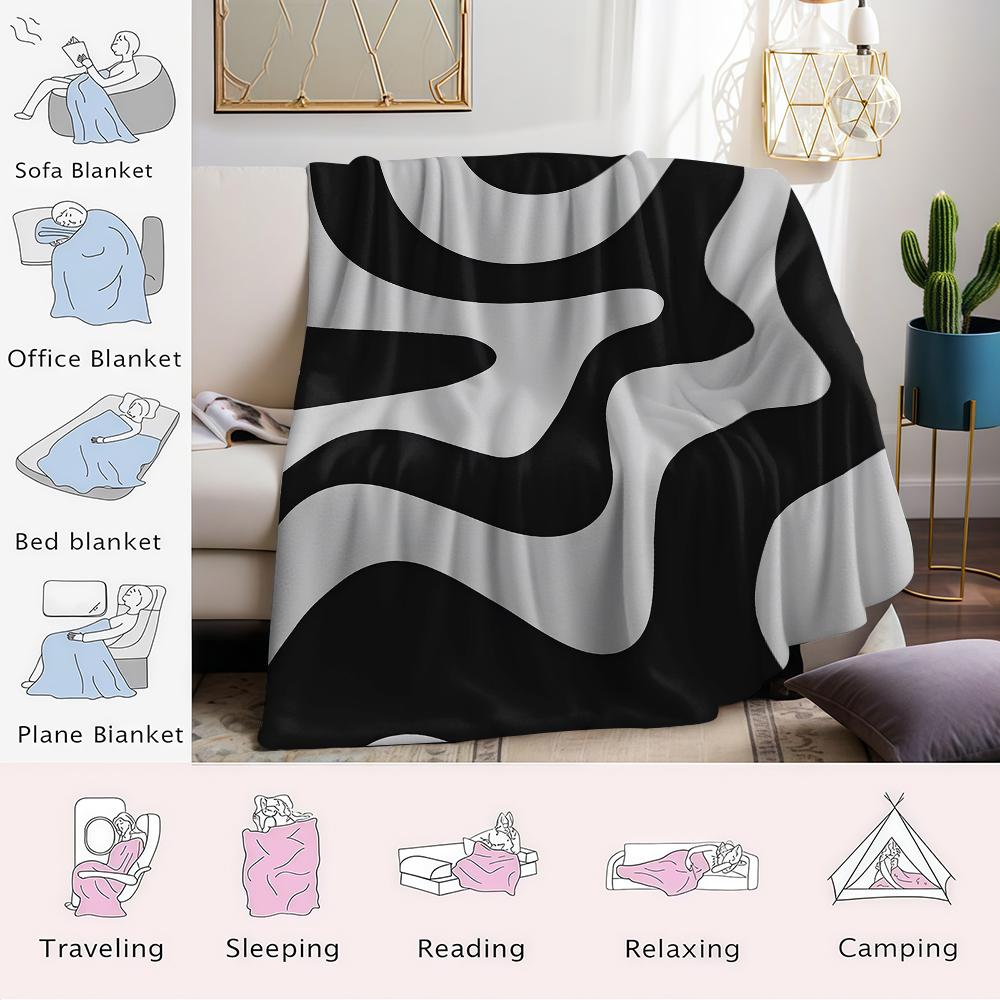 Black & White Wave Motif Flannel Blanket Warm Soft Halloween Christmas Couch Warm Cozy Decorative Decor Gift for All Season