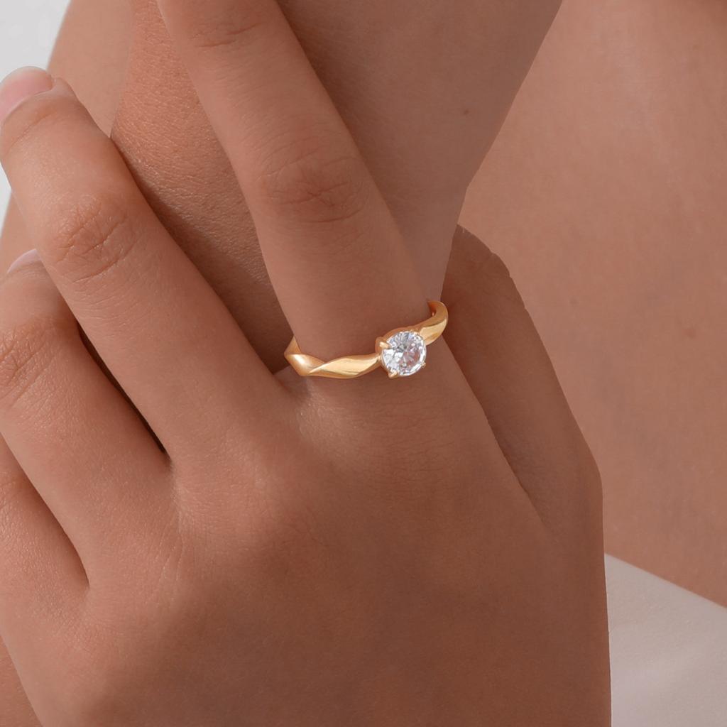 Vnox Inel Solitar pentru Femei, Bandă de Nuntă/Logodnă Răsucită din Oțel Inoxidabil Placat cu Aur, Inel Promisiune cu Piatră CZ AAA, Cadou pentru Soție