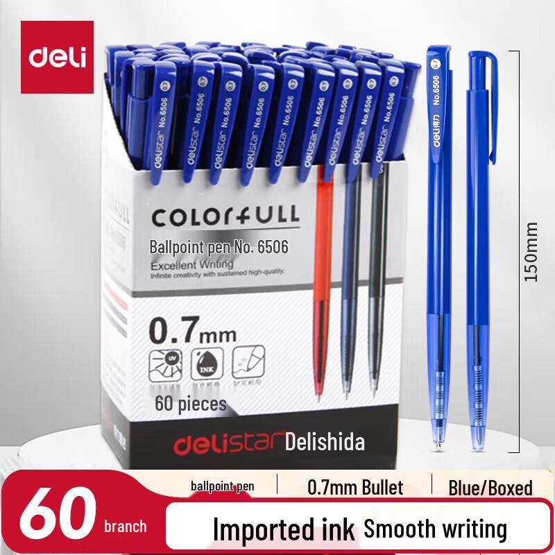 Deli 0.7mm Ret retractable Blue Ballpoint Pens - 60 Pack