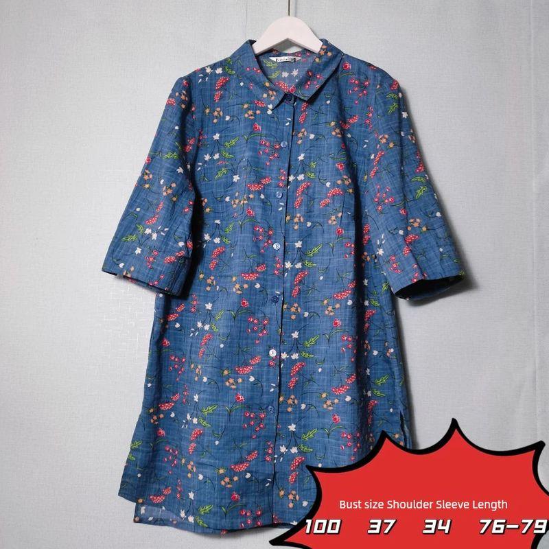 

Платье из чистого хлопка с принтом, с коротким рукавом, средней длины, длинное платье-рубашка с рукавом 3/4, летнее повседневное Fog Blue Print Seven-Sleeve Shirt Icon Size 160