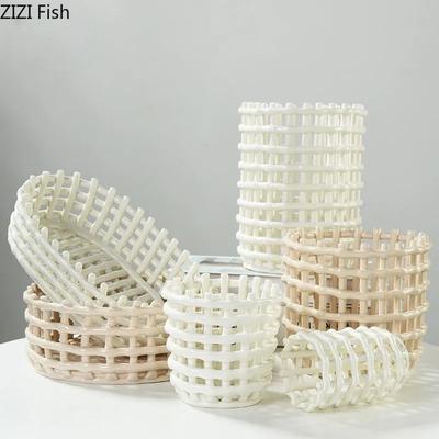 Imitation Woven Ceramic Storage Basket Creative Drainage Fruit Tray Toothbrush Holder Home Kitchen Vegetable Bread Storage Tool